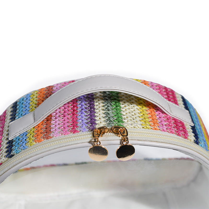 Straw Woven Transparent PVC Semicircle Cosmetic Bag Waterproof Rainbow Woven Toiletries Storage Bag