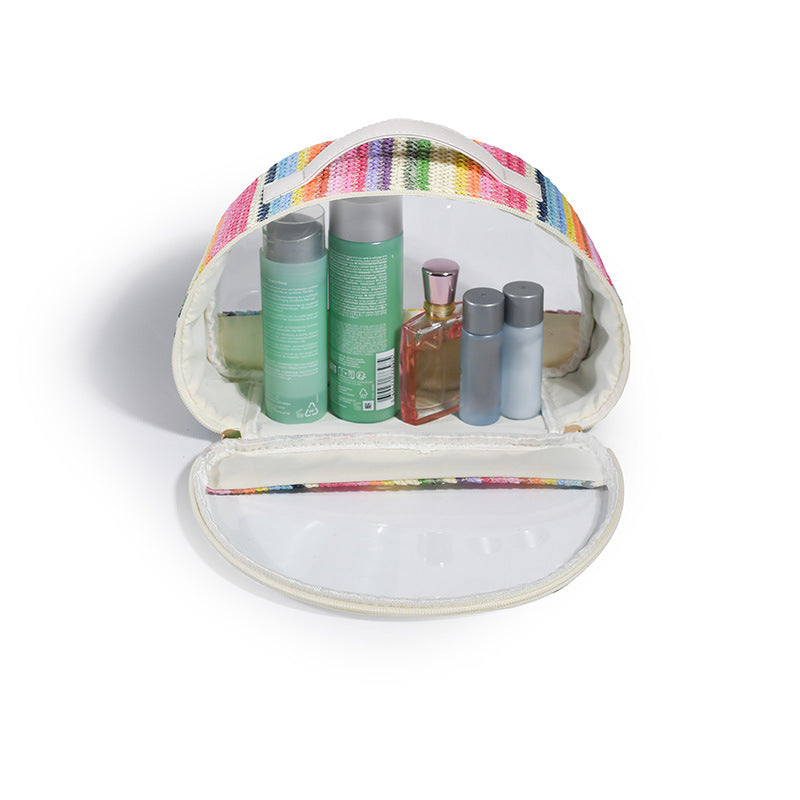 Straw Woven Transparent PVC Semicircle Cosmetic Bag Waterproof Rainbow Woven Toiletries Storage Bag