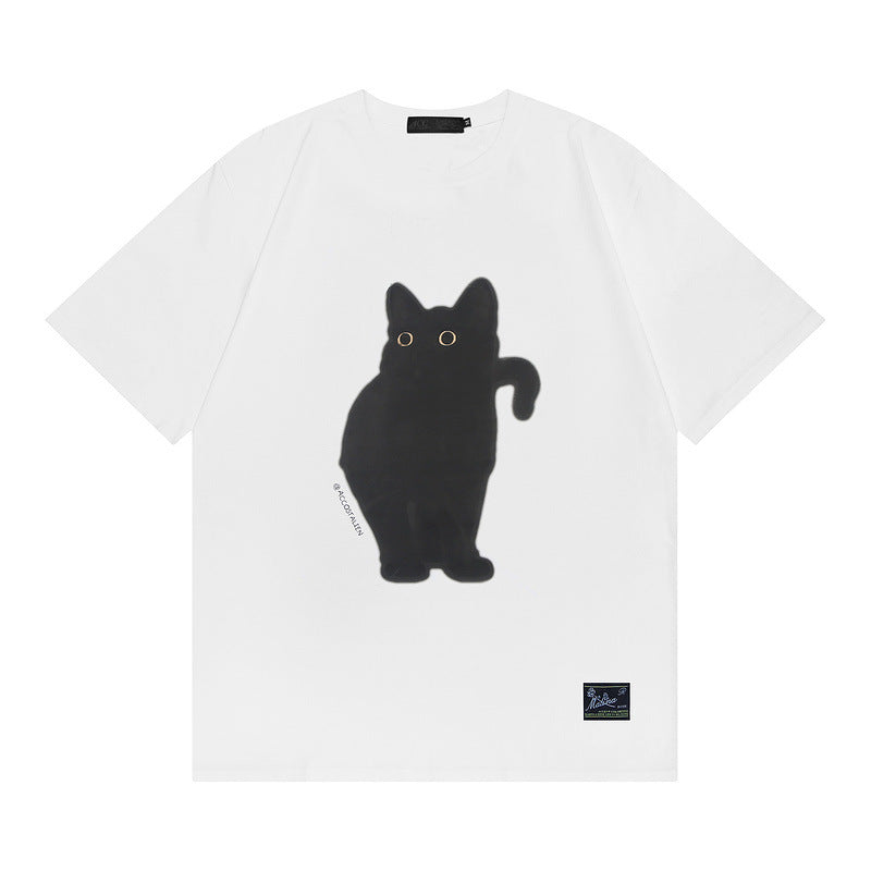 Women's Retro Artistic Fresh Cute Coffee Cat Cartoon Printed Short Sleeve