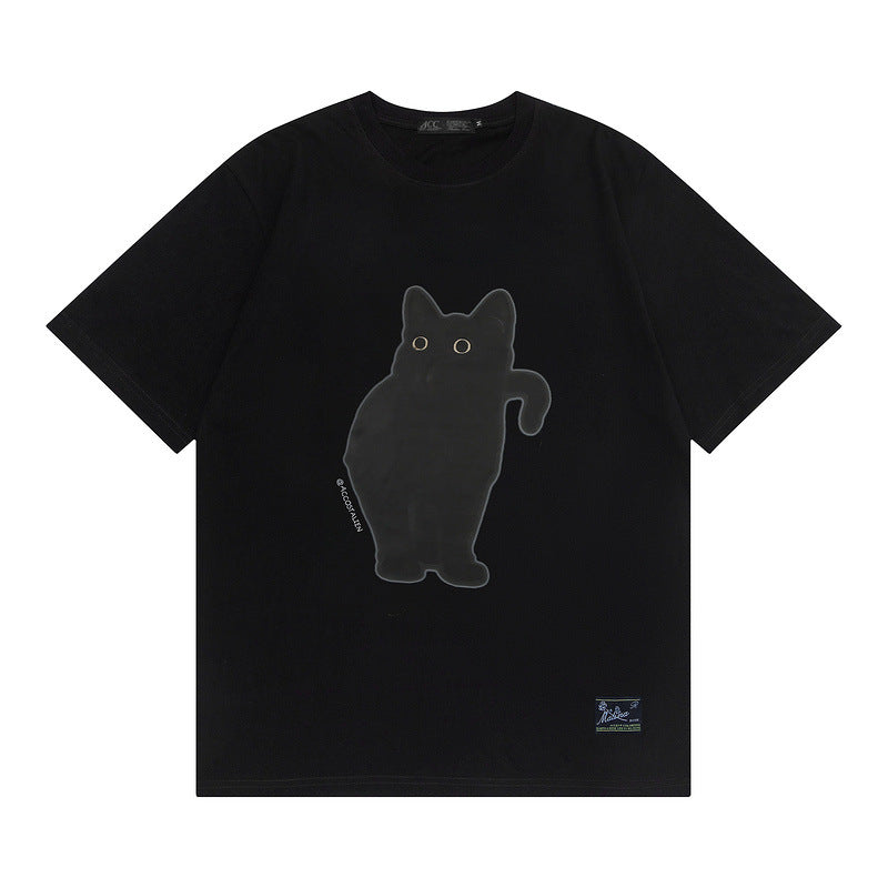 Women's Retro Artistic Fresh Cute Coffee Cat Cartoon Printed Short Sleeve