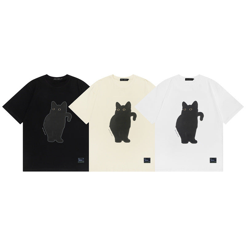 Women's Retro Artistic Fresh Cute Coffee Cat Cartoon Printed Short Sleeve