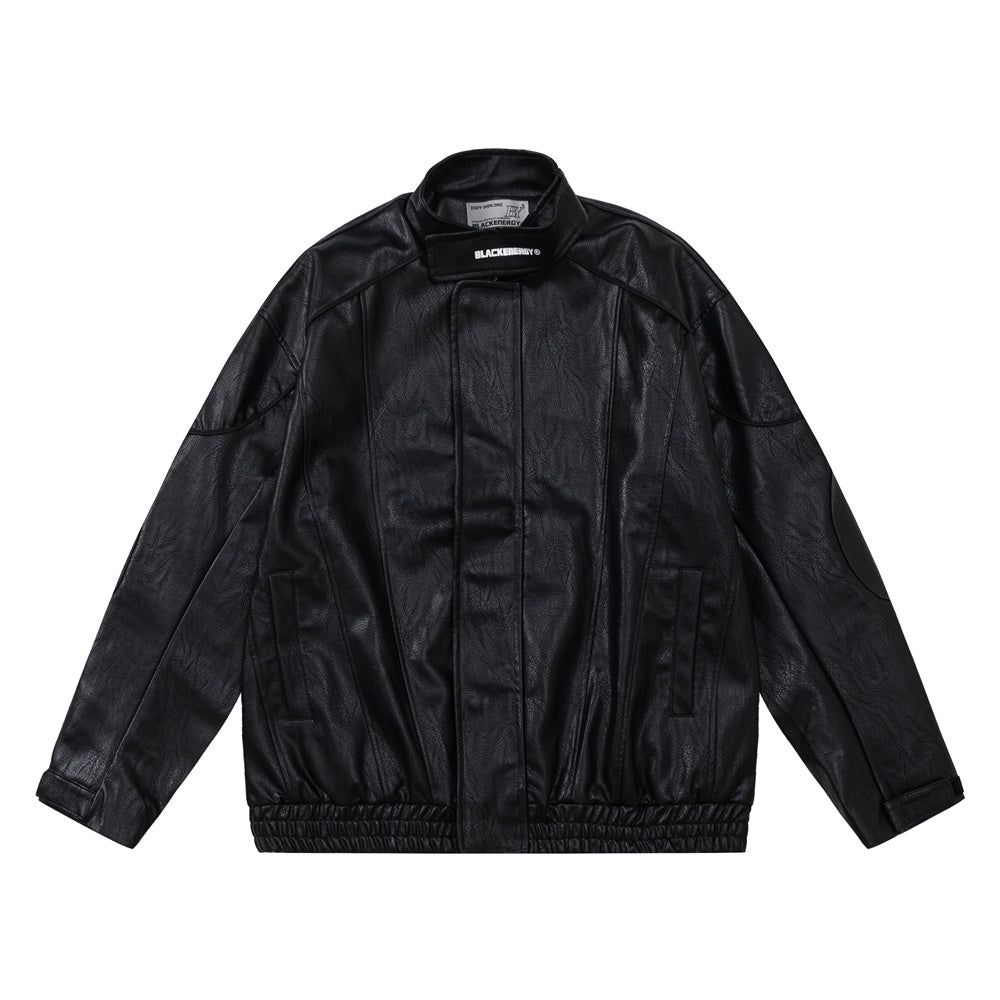 Loose Casual Deconstructing Patchwork Stand-up Collar PU Leather Jacket Coat