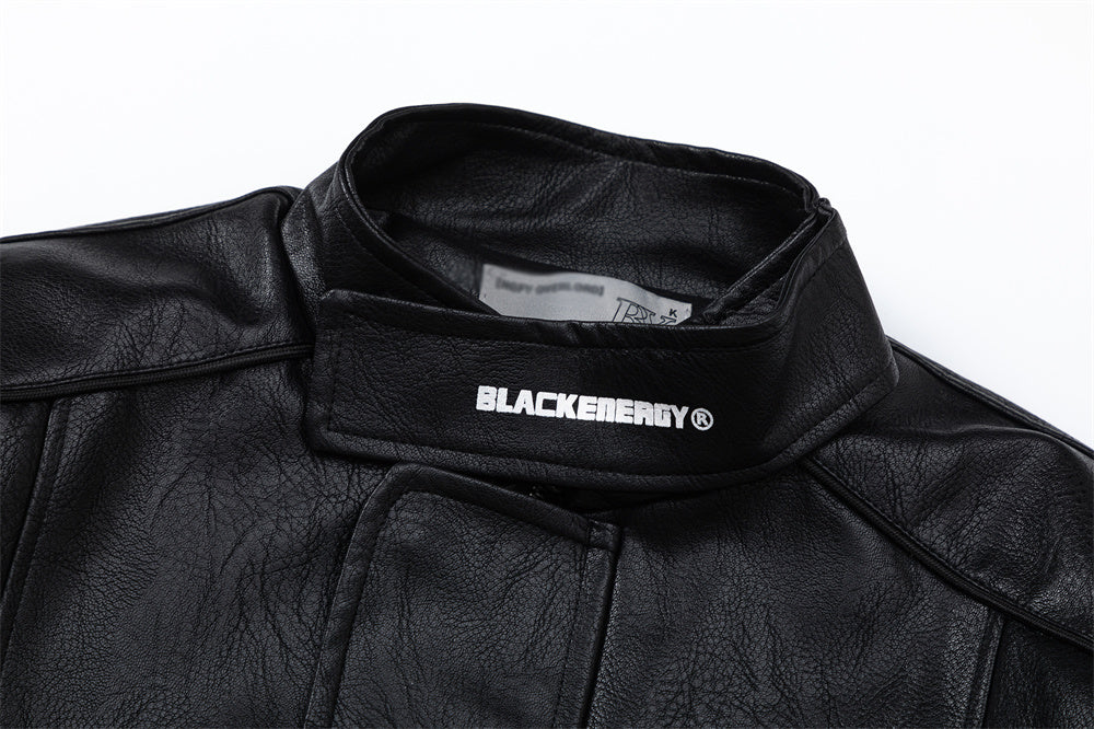 Loose Casual Deconstructing Patchwork Stand-up Collar PU Leather Jacket Coat