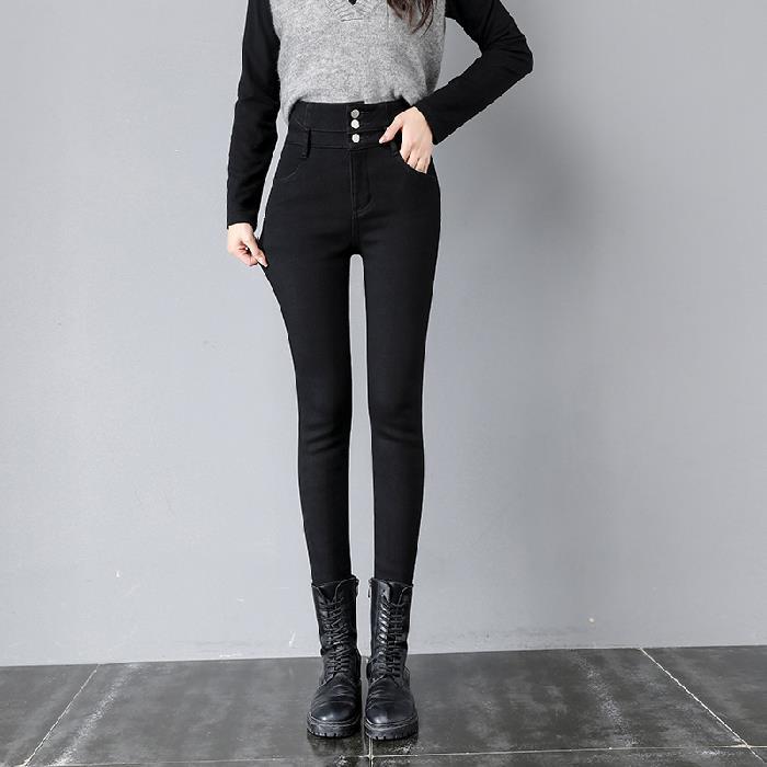 Fleece-lined Thick High Waist Pencil Pants High Elastic Slim Denim Skinny Pants Women