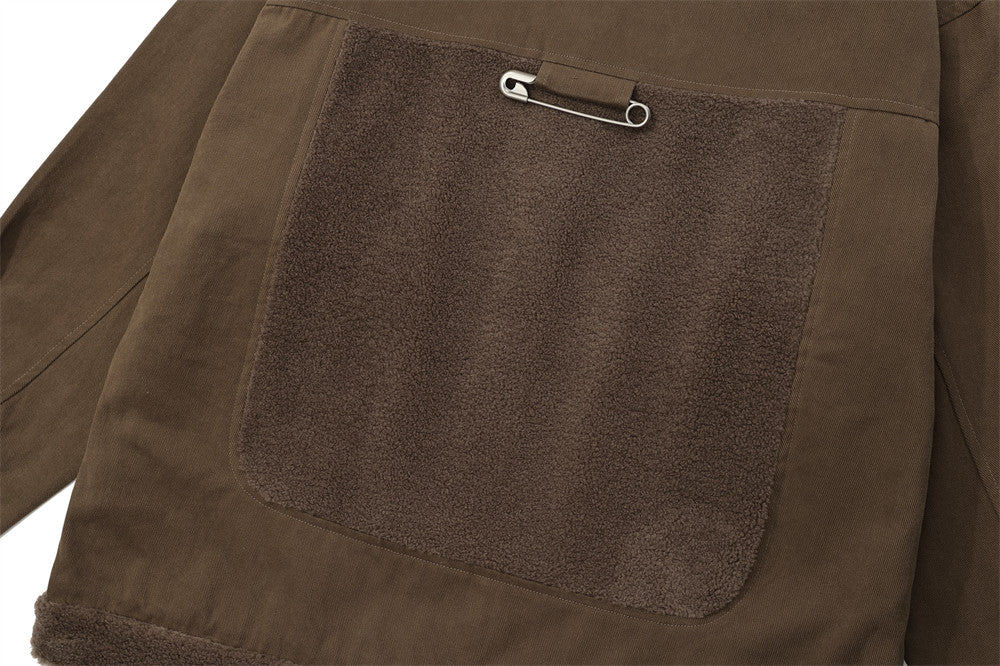 Contrast Color Pocket Stitching Lamb Wool Polo Collar Jacket