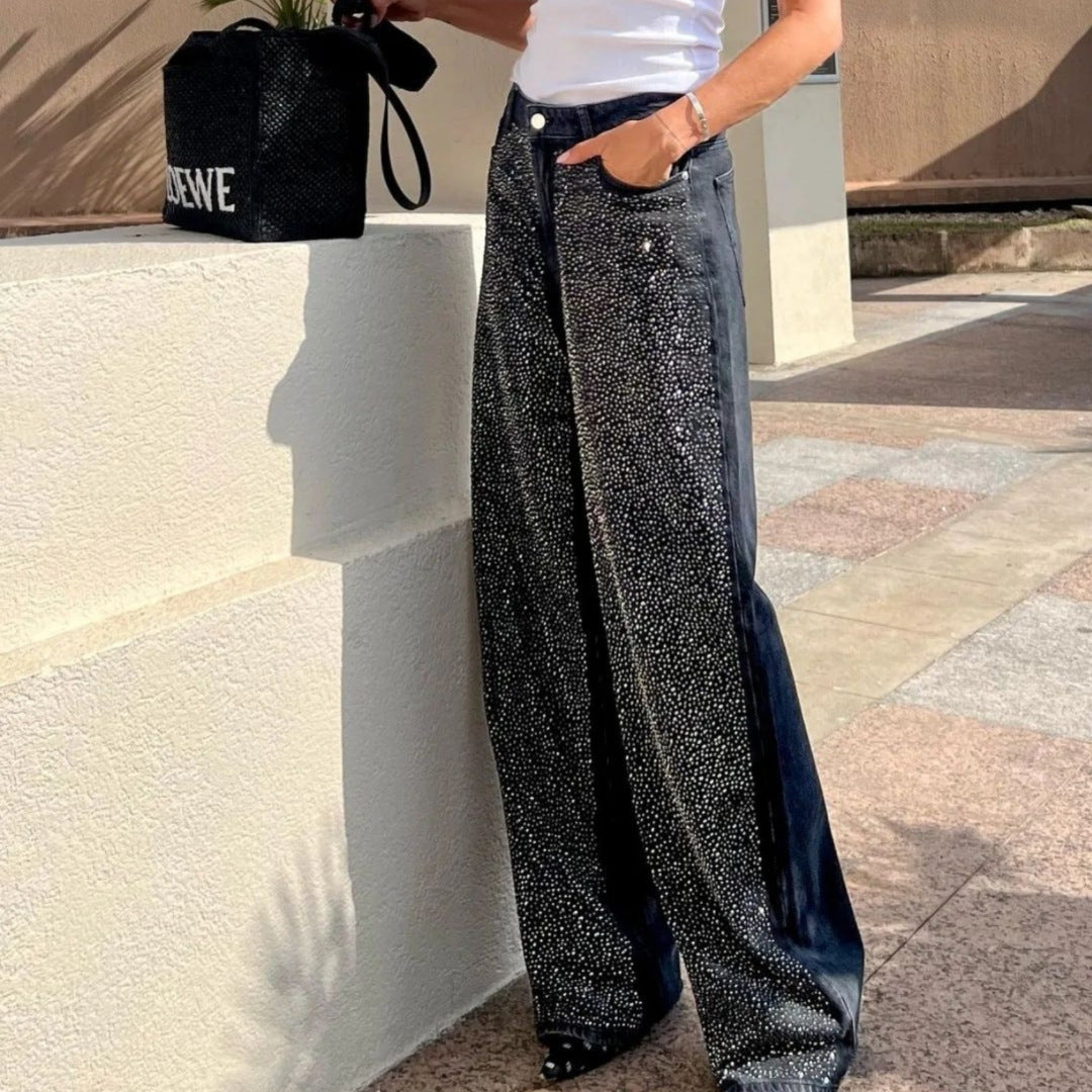 Black Rhinestone Loose Women's Long Casual Jeans