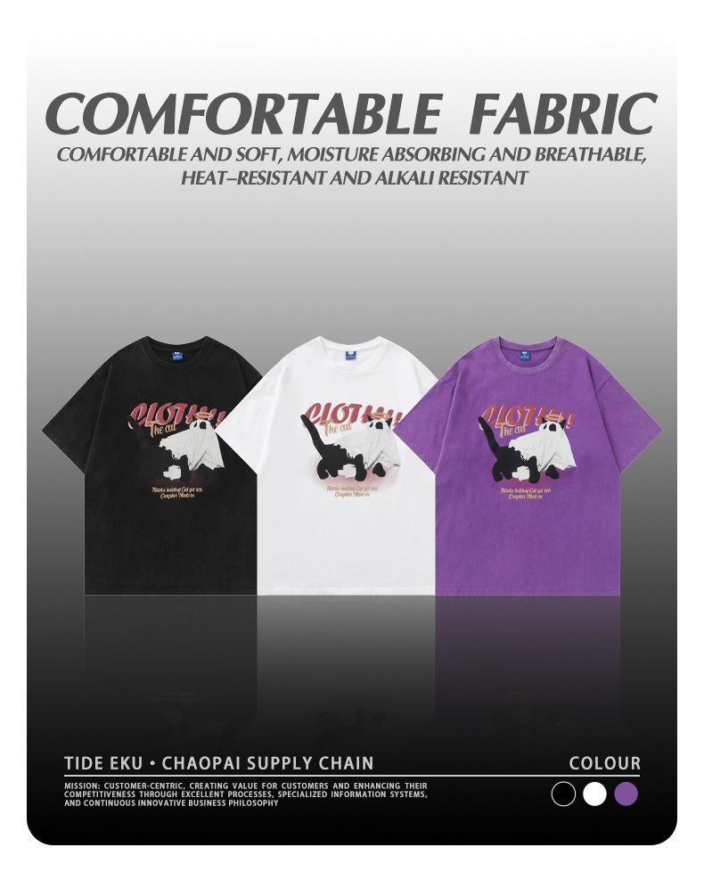 Herre- og dame T-shirt med print, hvid, rund hals