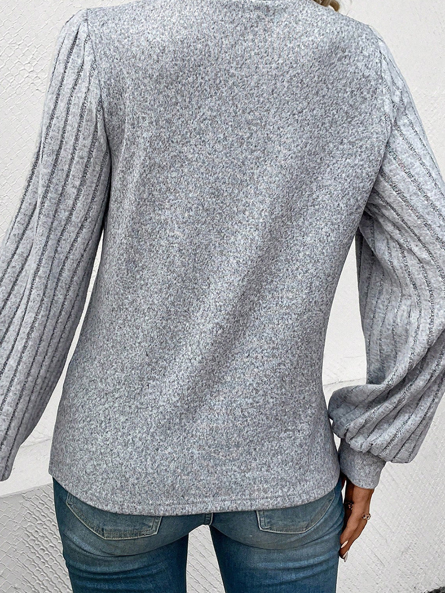 New Solid Color Simple T-shirt Female Spring Thread Sunken Stripe Long Sleeve Pullover Top
