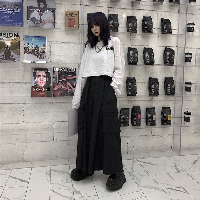 Large Swing Black Japanese Wide-leg Pants Split Draping Cropped Tooling Large Pocket