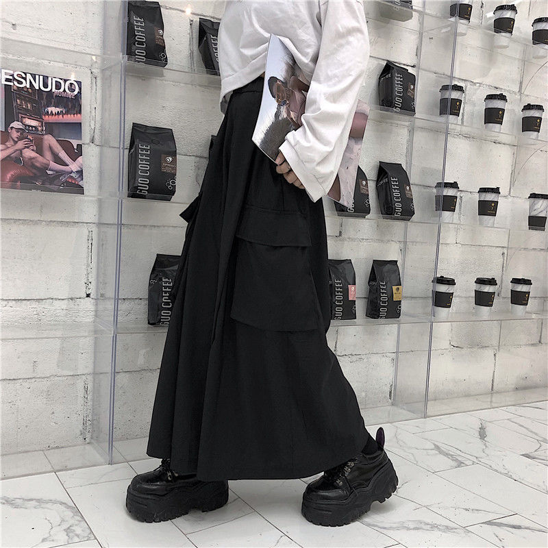 Large Swing Black Japanese Wide-leg Pants Split Draping Cropped Tooling Large Pocket
