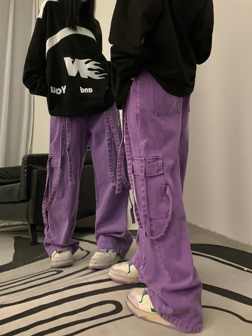 Retro Long Streamer Purple Overalls Straight-leg Trousers