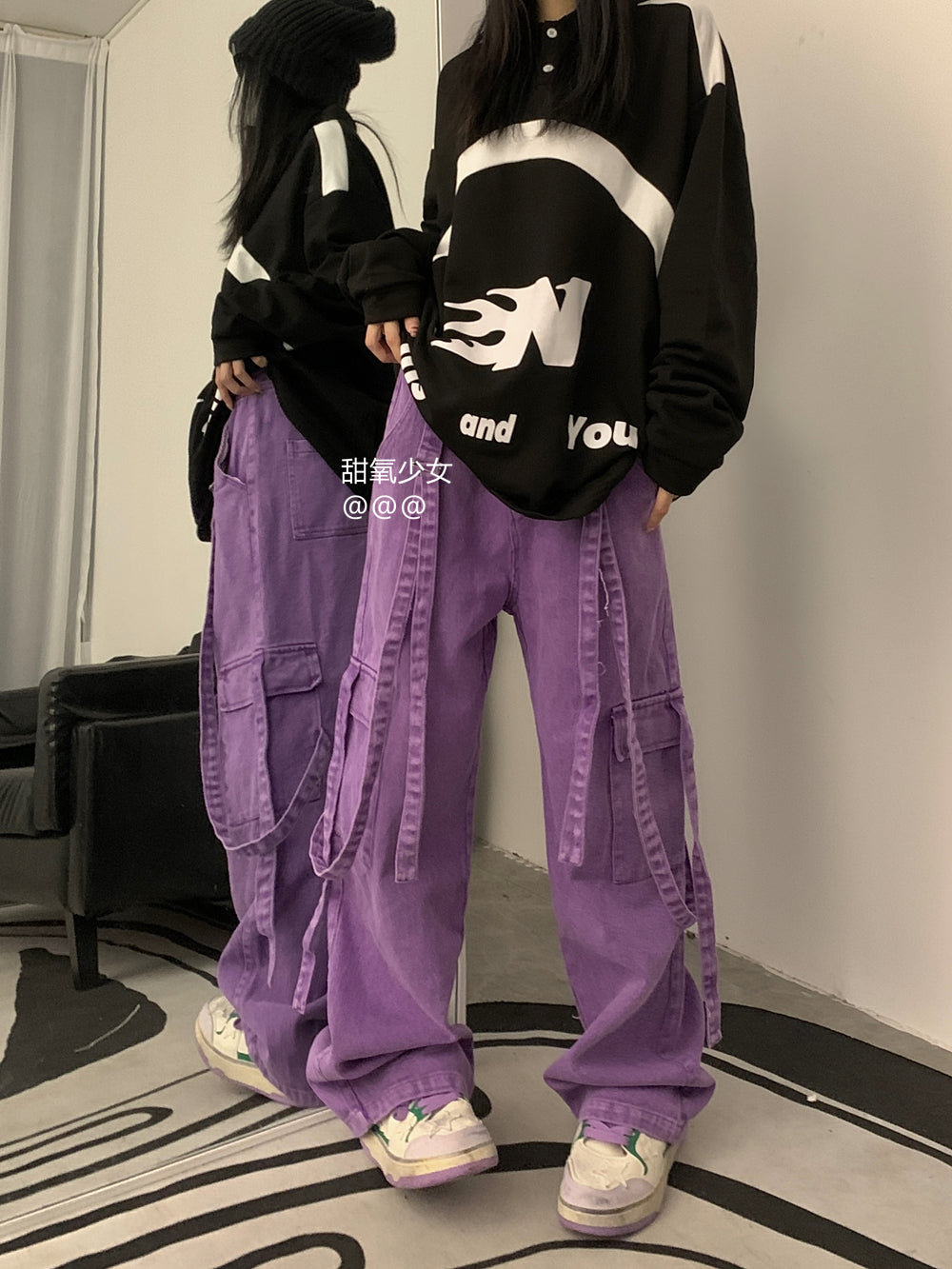 Retro Long Streamer Purple Overalls Straight-leg Trousers