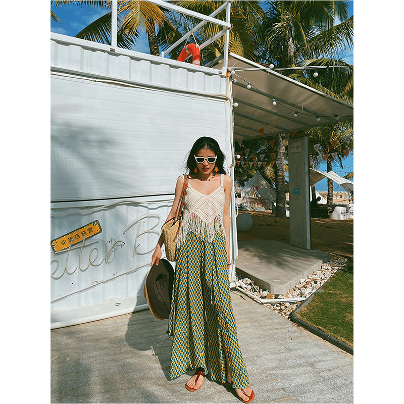 Vacation Style High Waist Slit Chiffon Wide-leg Pants