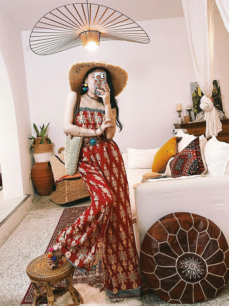 High Waist Mopping Red Jumpsuit Suit Women's Tube Top Wide Leg Pants