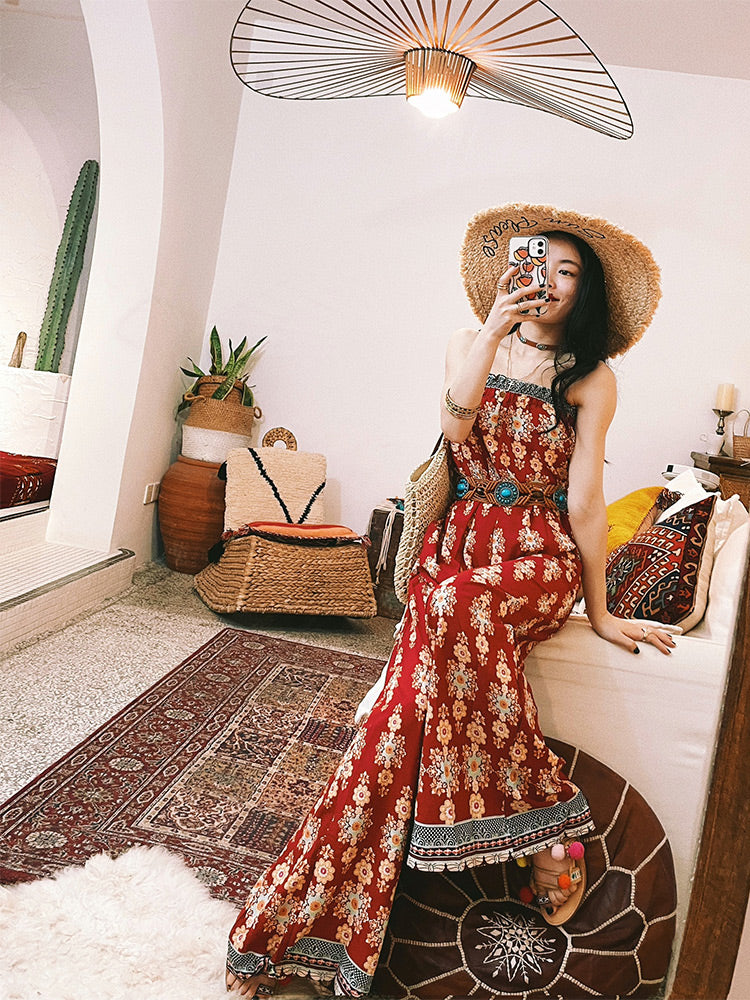 High Waist Mopping Red Jumpsuit Suit Women's Tube Top Wide Leg Pants