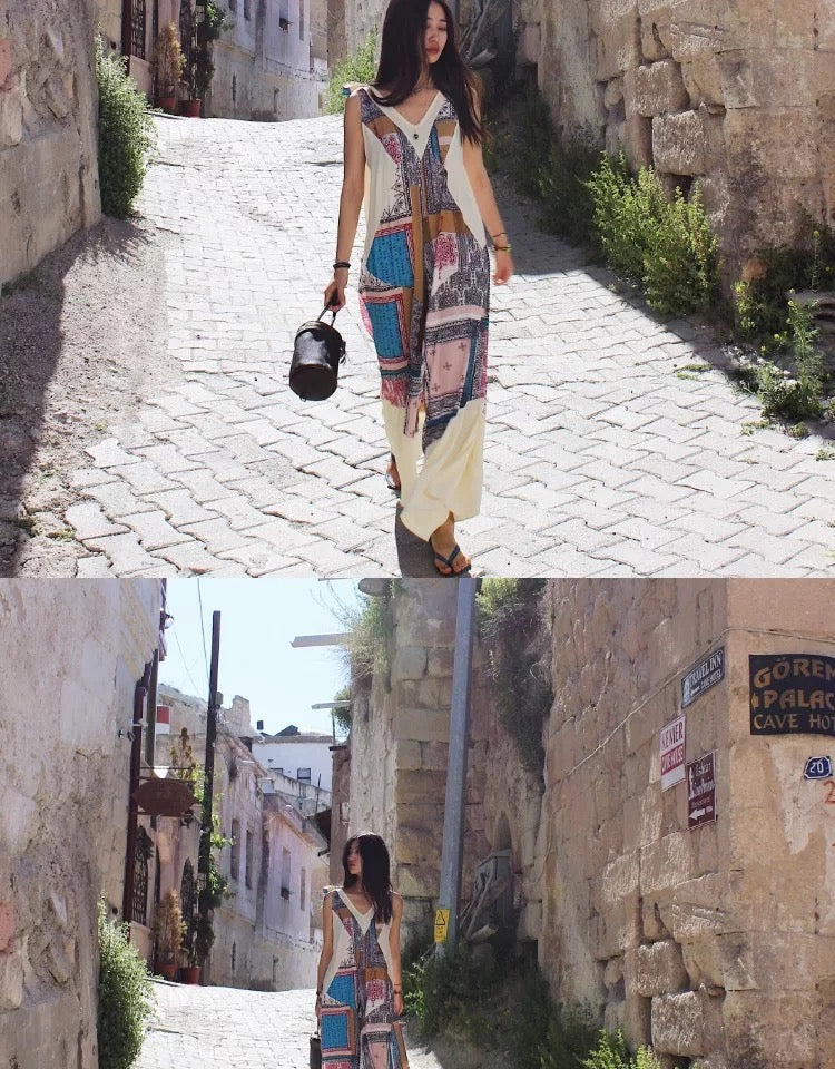 Holiday Stitching Printing Large V-neck Loose Jumpsuit