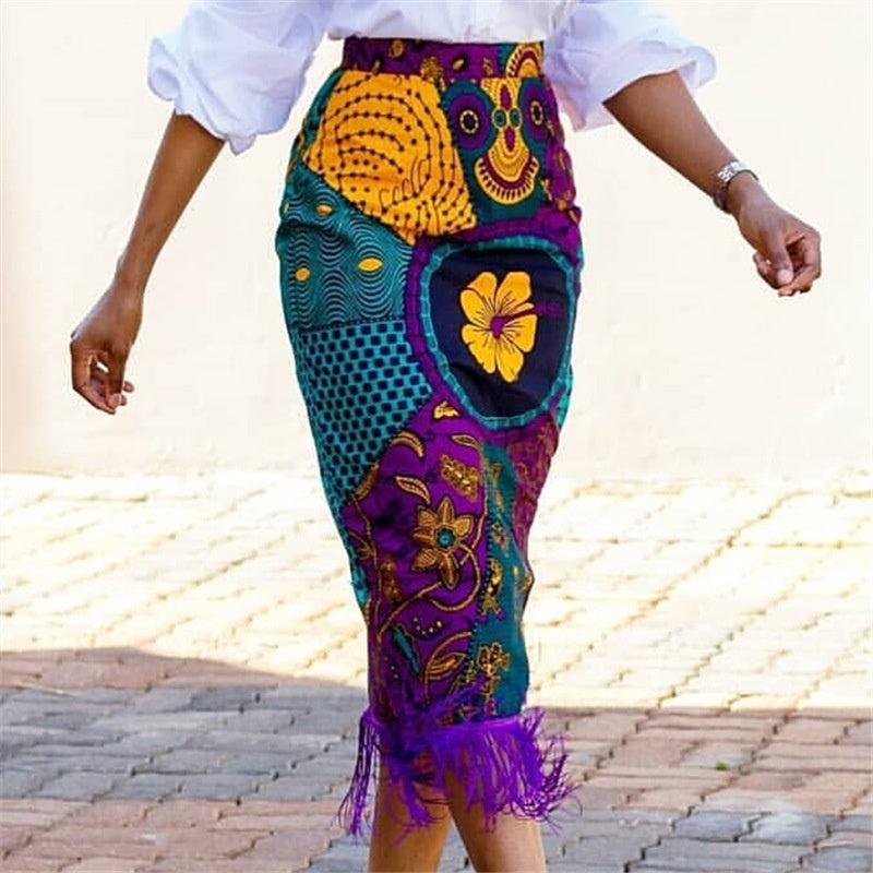 High Waist Print Stitching Tassel Hip Cross-border Plus Size Women's Party Skirt