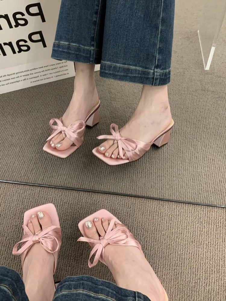 French Style High-grade Satin Bow Chunky Heel Sandals Women's Outer Wear  High Heels