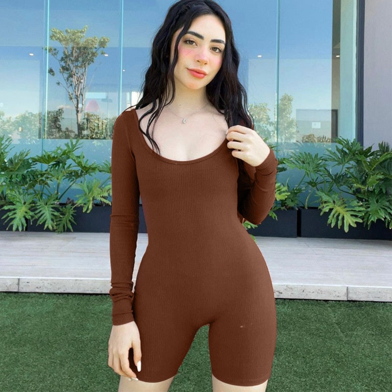 Women's Summer New Solid Color Rib U-neck Long-sleeved Slim Fit Hip Raise Sports Jumpsuit