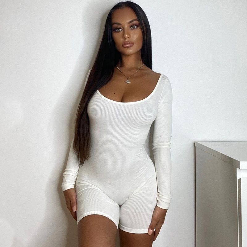 Women's Summer New Solid Color Rib U-neck Long-sleeved Slim Fit Hip Raise Sports Jumpsuit