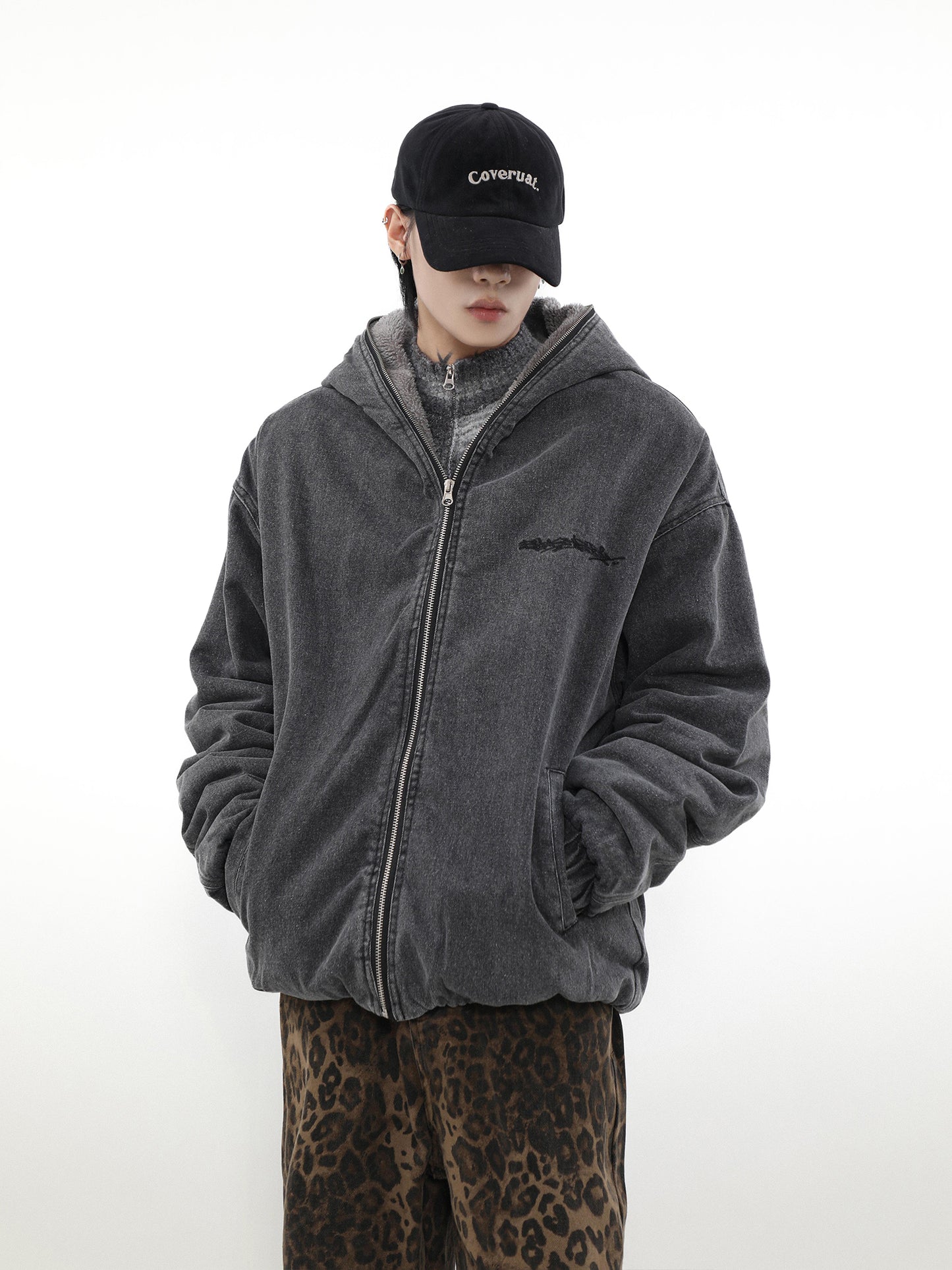 Thick Lambskin Coat Men's Hooded Denim Cotton Jacket