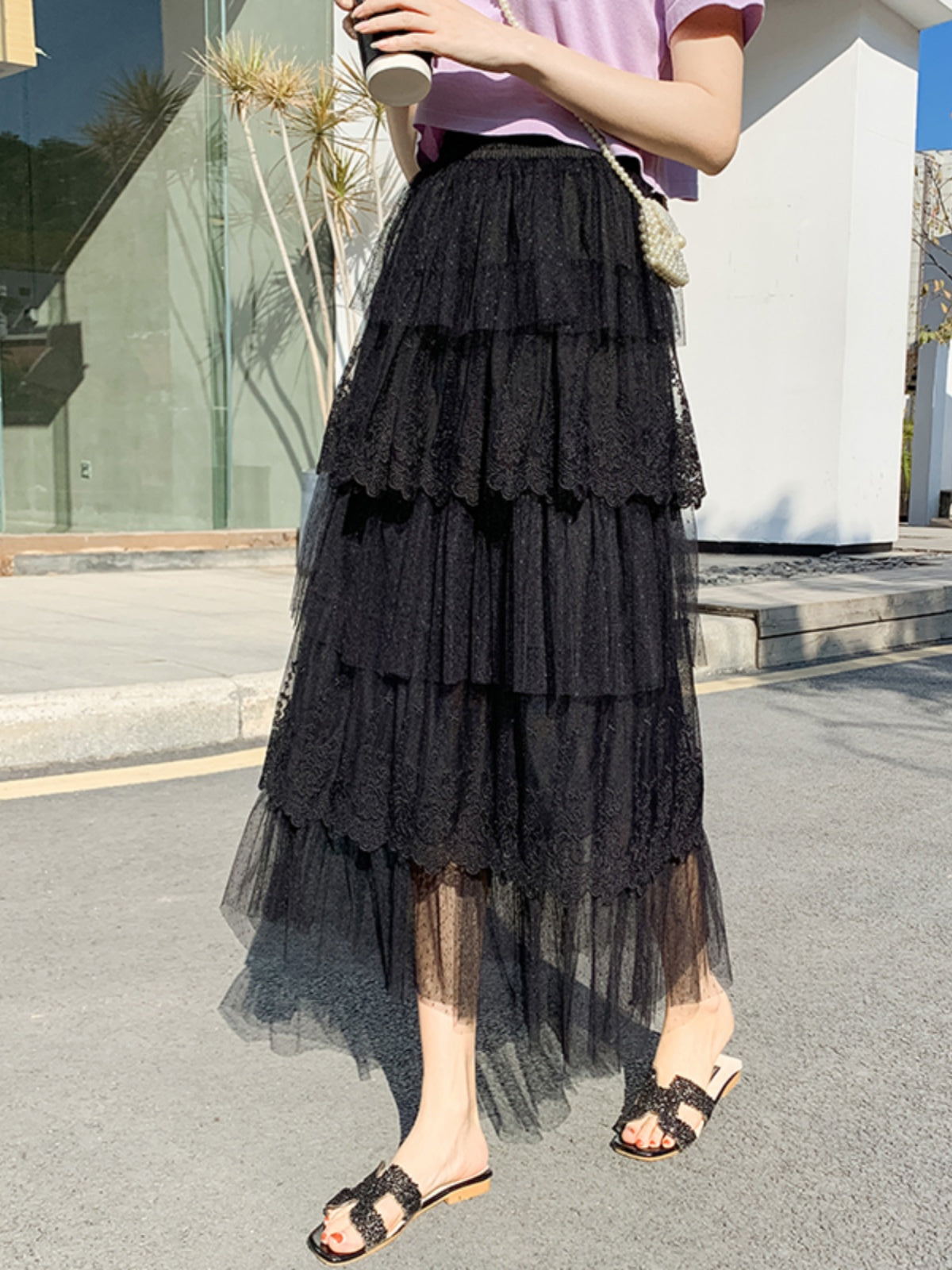 Women's High Waist Mesh Tiered Skirt