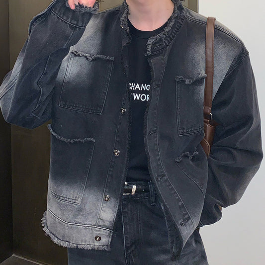 Retro vasket denimjakke med slidte frynsede kanter til mænd