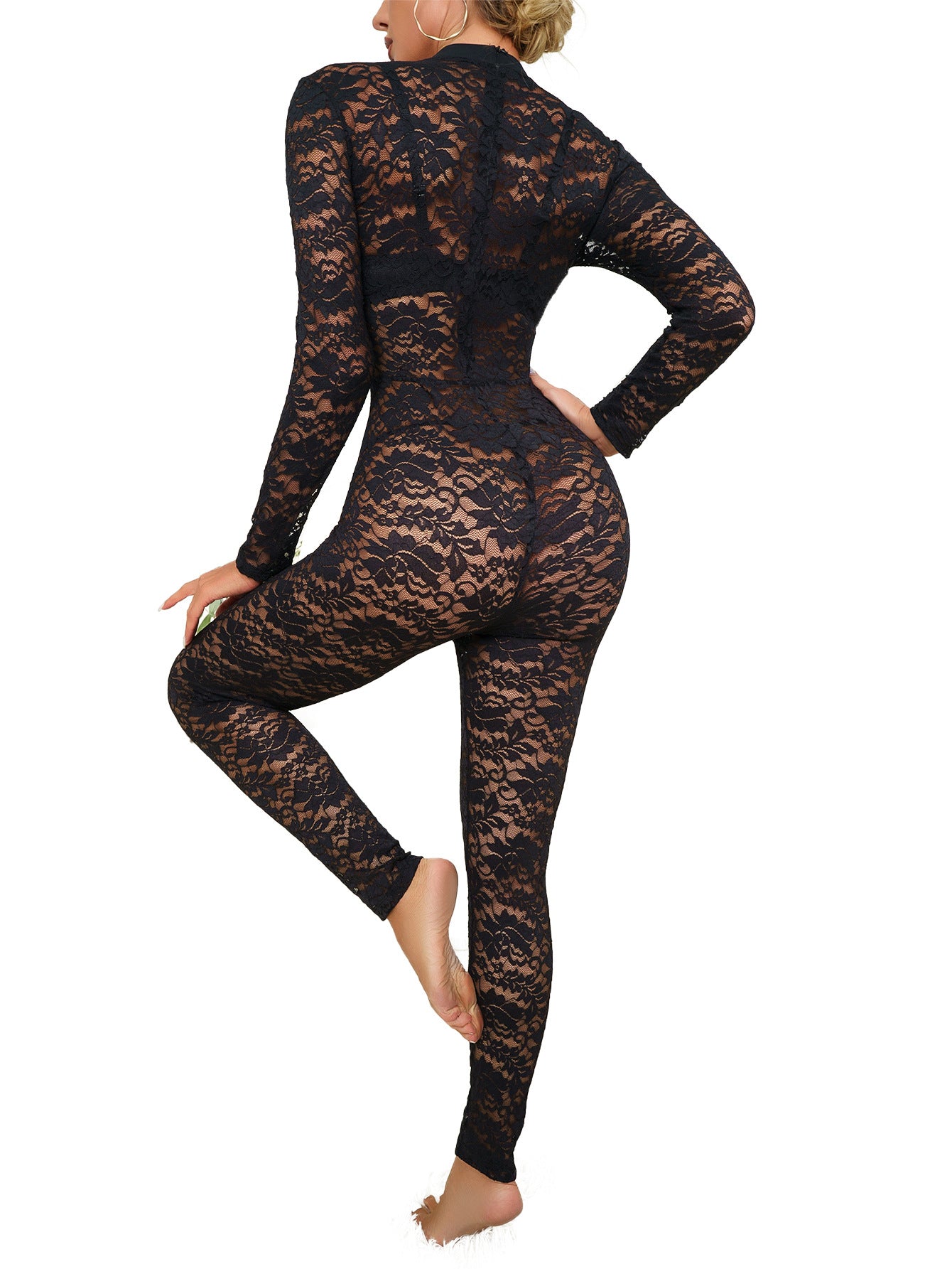 Lace Jacquard Hollow Out See-through Long Sleeve Temperament Jumpsuit