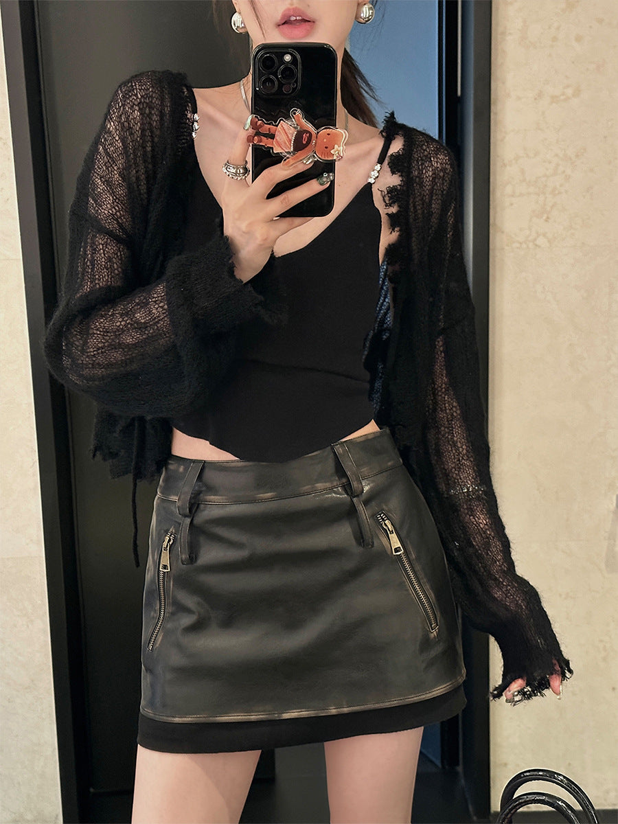 Brushed PU Leather Skirt Women's Autumn Retro A- Line