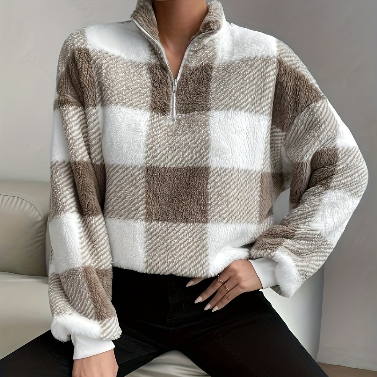Dame Buffalo Plaid Off-shoulder Halv Lynlås Sweater