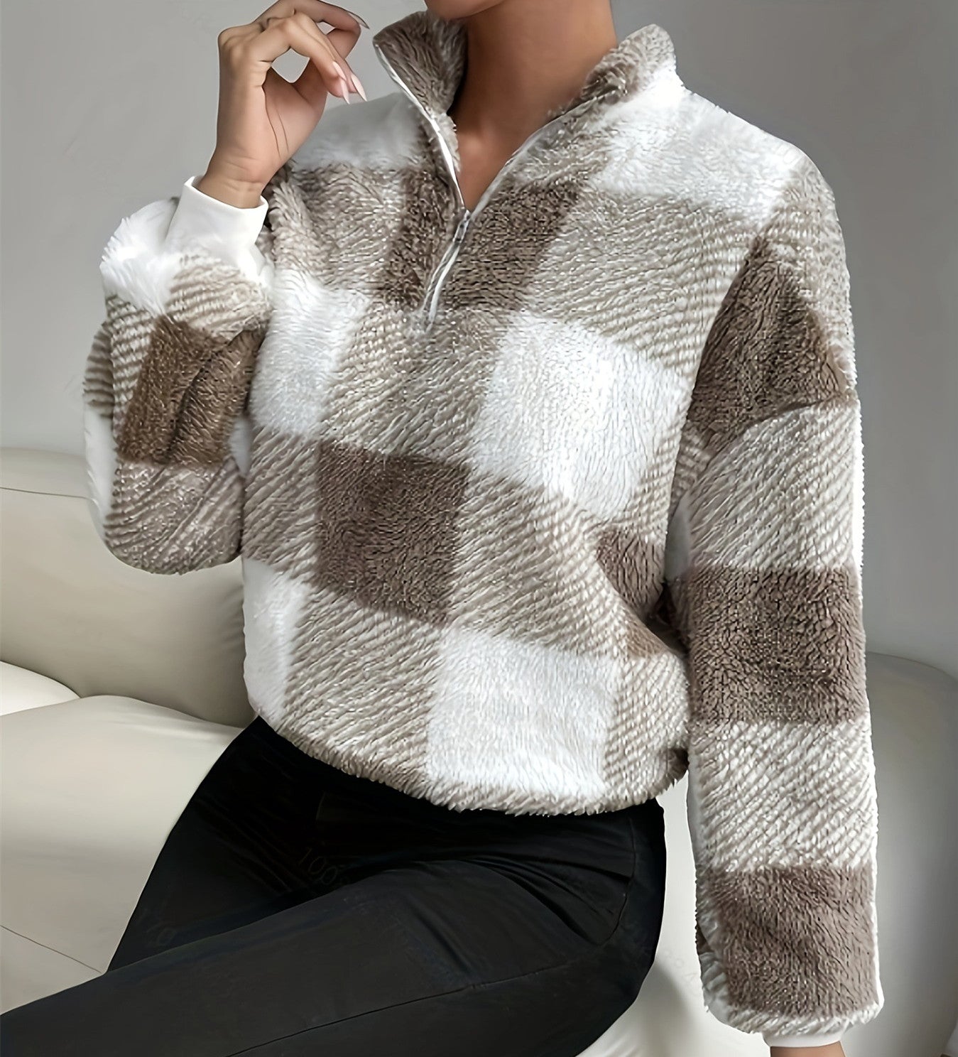 Dame Buffalo Plaid Off-shoulder Halv Lynlås Sweater