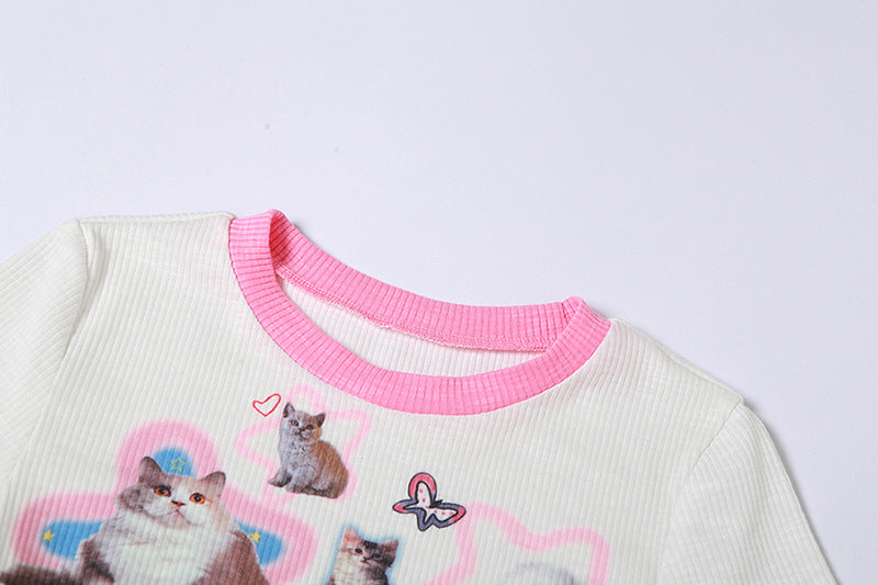 Oversleeves Cat Printing Round Neck Slim Fit Waist Exposed Navel T-shirt