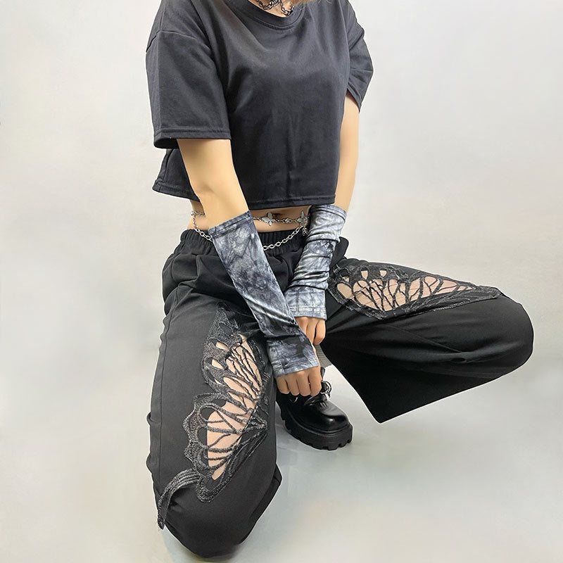Black Lace Butterfly Exposed Navel Short T-shirt