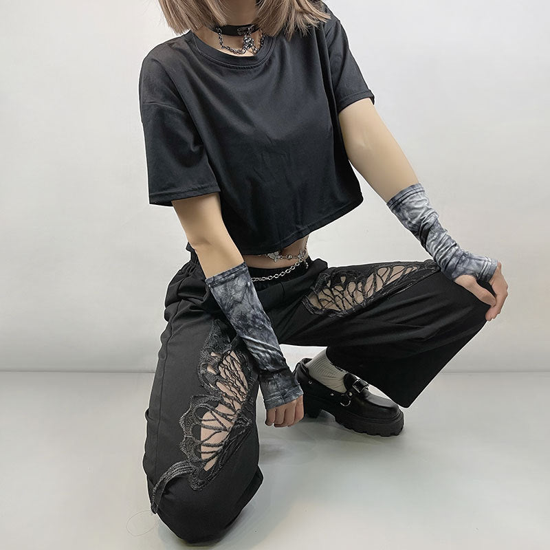 Black Lace Butterfly Exposed Navel Short T-shirt