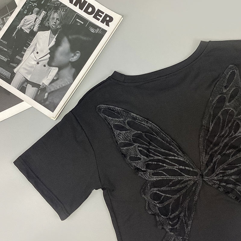 Black Lace Butterfly Exposed Navel Short T-shirt