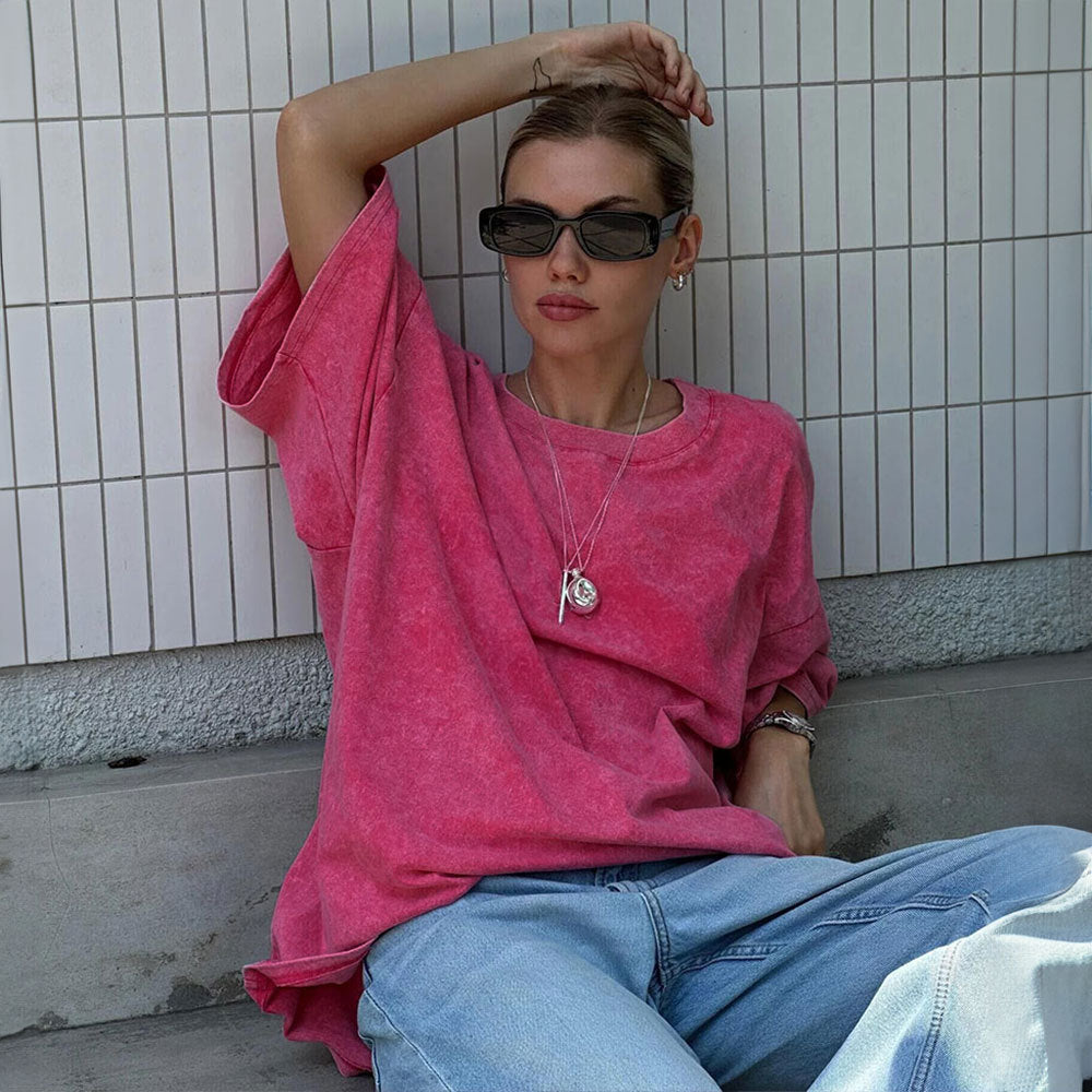 Washed Old Short-sleeved T-shirt European And American Relaxed Casual Round Neck