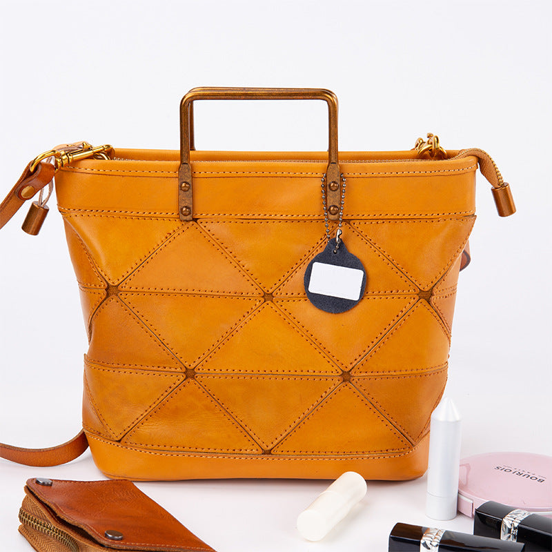 Geometric Stitched Cowhide Women's Bag Work Commute Literary Handbag
