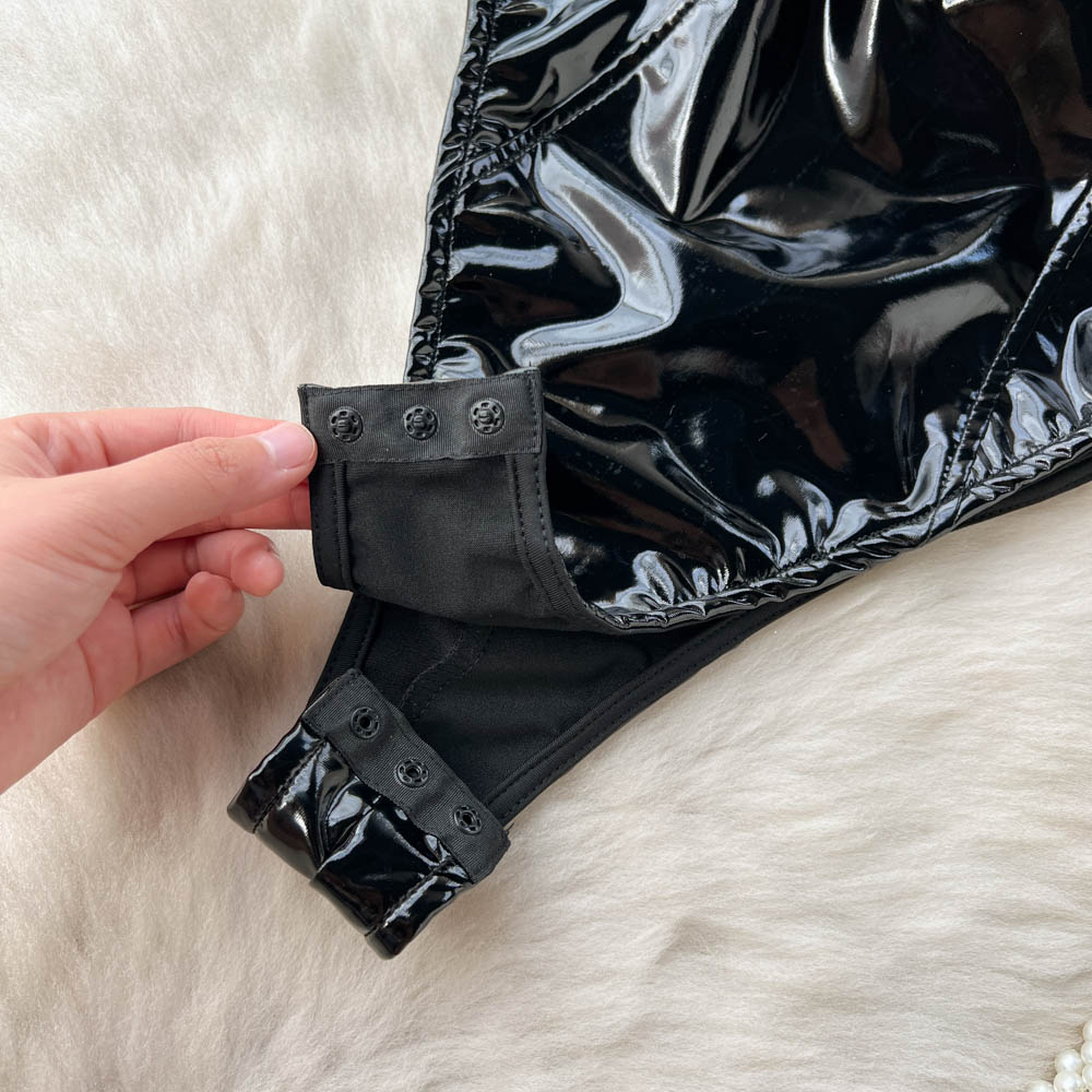 Ny V-hals PU-læder jumpsuit med høj slids til forår og efterår til kvinder