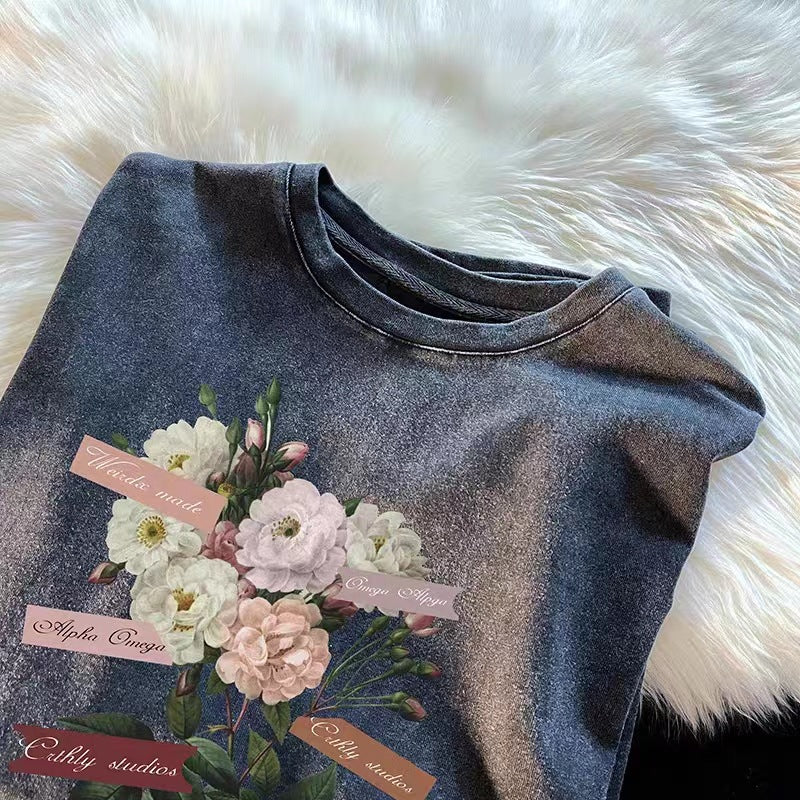 Flower Print Couple Ins Half Sleeve T-shirt