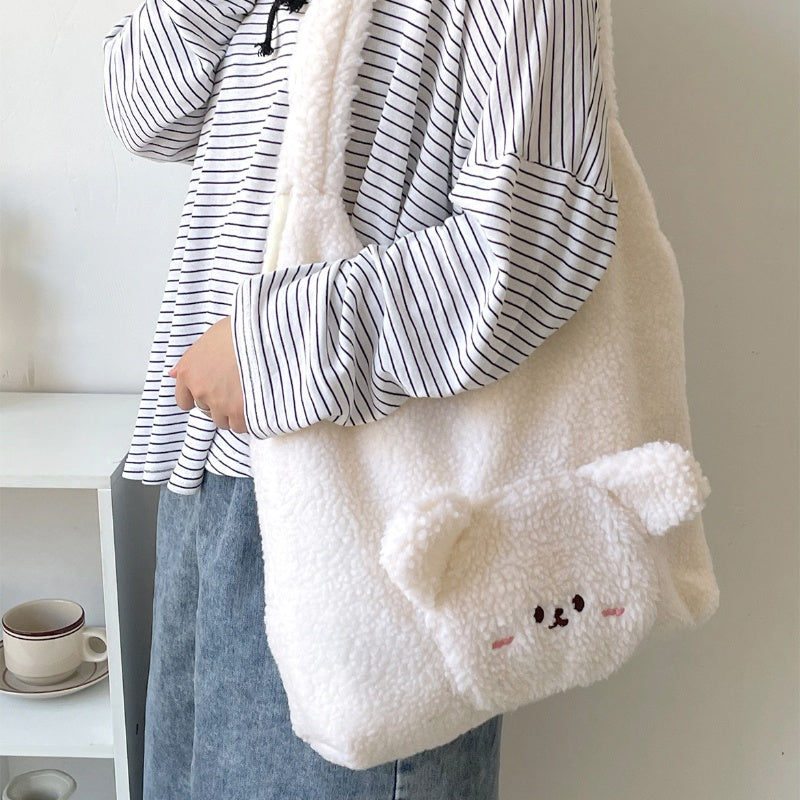 Autumn And Winter Plush Three-dimensional Big Face Bear Lamb Wool Shoulder Bag
