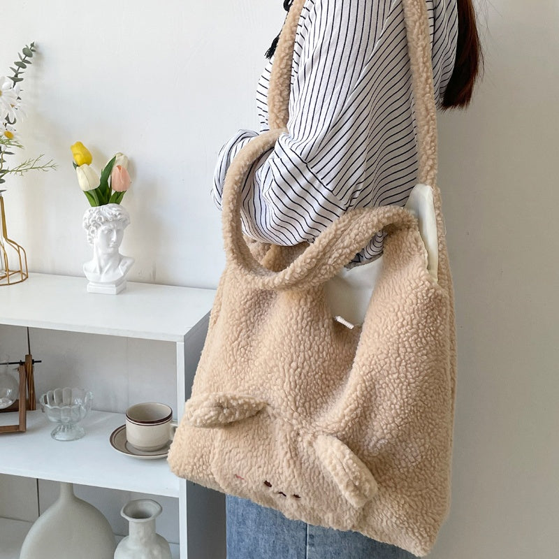 Autumn And Winter Plush Three-dimensional Big Face Bear Lamb Wool Shoulder Bag