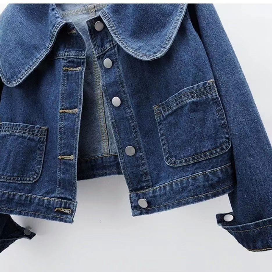 Retro Peter Pan Collar Short Denim Coat For Women