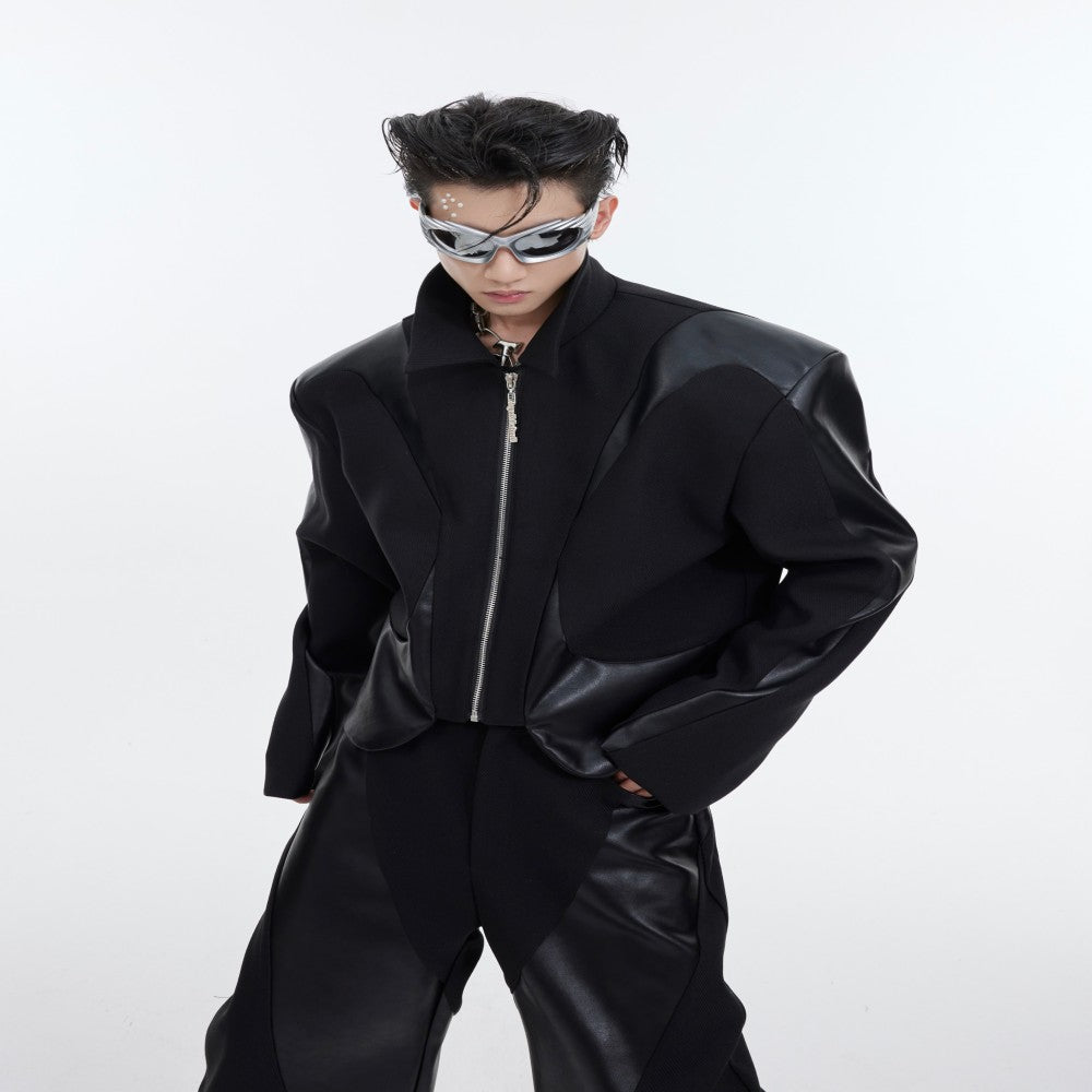 Twill Padded Shoulder Jacket Stitching Leather Coat