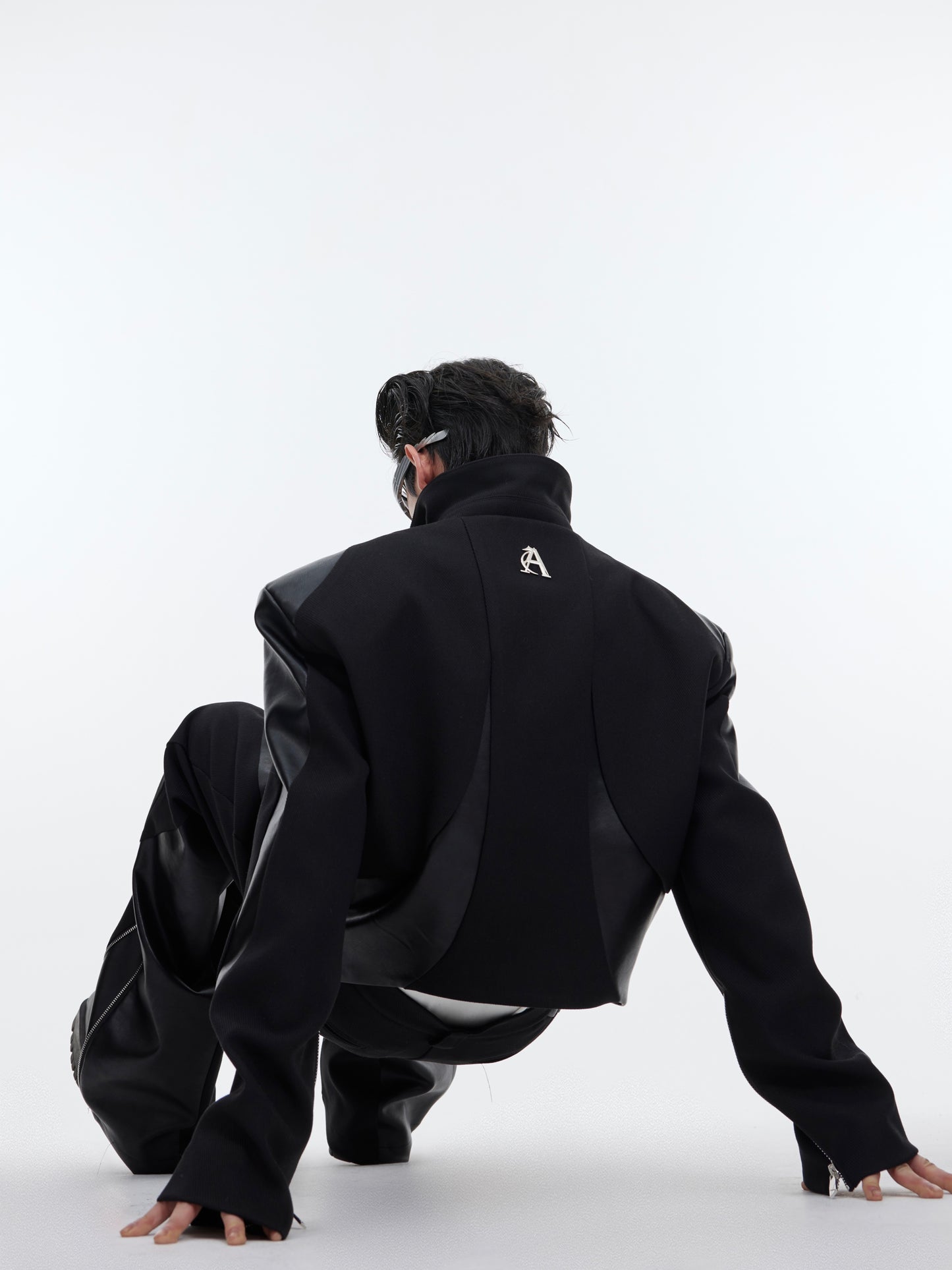 Twill Padded Shoulder Jacket Stitching Leather Coat