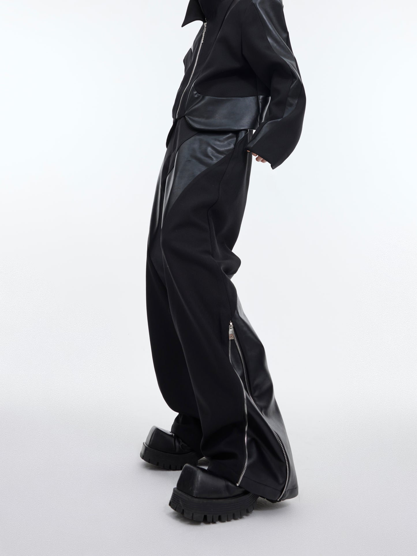 Twill Padded Shoulder Jacket Stitching Leather Coat