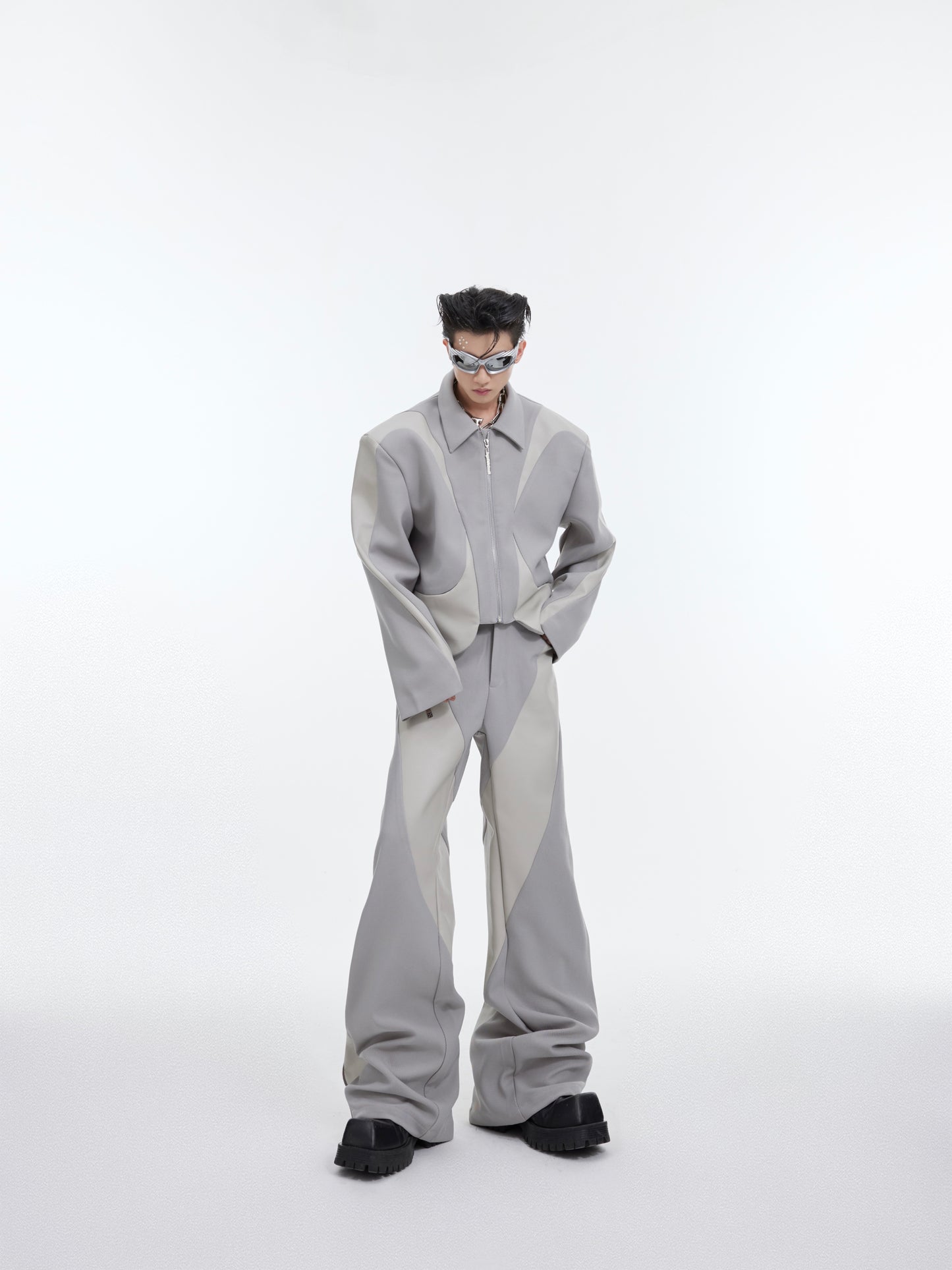 Twill Padded Shoulder Jacket Stitching Leather Coat