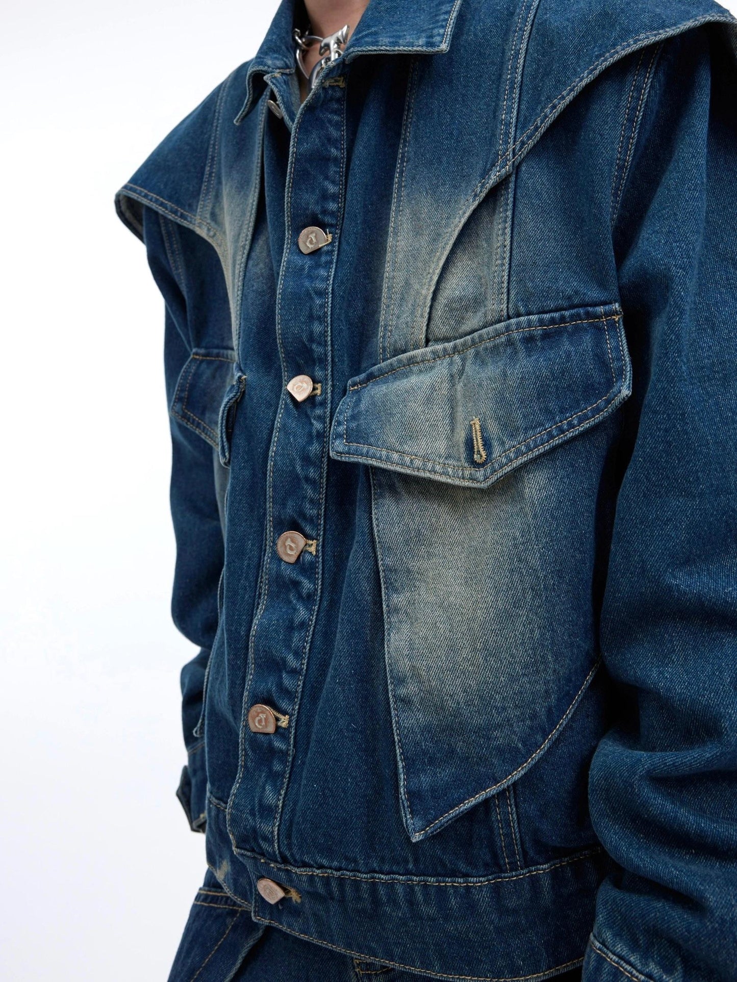 Niche Double-layer Design Short Denim Coat Blouse And Pants
