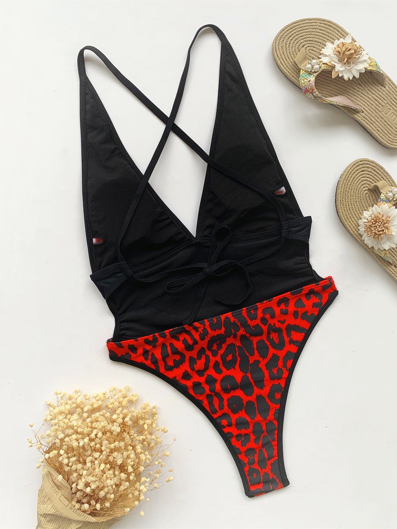 European And American Sexy One-piece Bikini Cool Leopard Print Backless Cross Tether