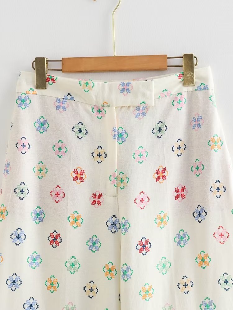 High Waist Vacation Style Printed Linen Loose Wide Leg Pants