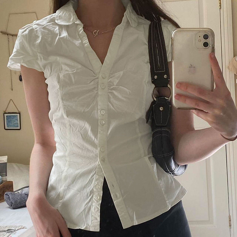 Summer Women's Pleated Casual Breasted Solid Color Back Lace-up Short Sleeve Shirt